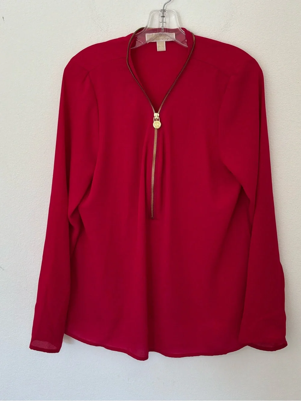 Michael Michael Kors Women’s Large Red Gold Zip Long Sleeve Blouse Top